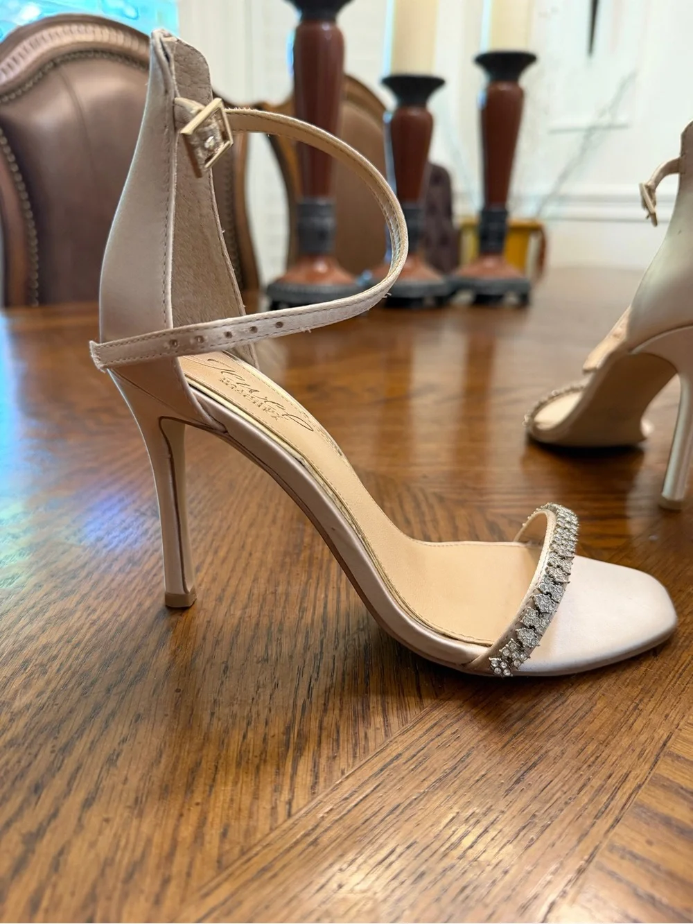 Jewel Badgley Mischka Blush Cream Satin Crystal-Strap Ankle-Heels